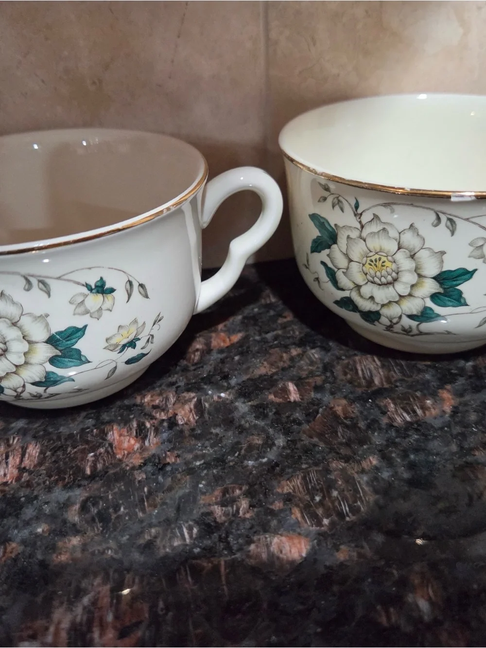 Vintage Floral Bone China Teacup - Cream with Green Floral Accent x2